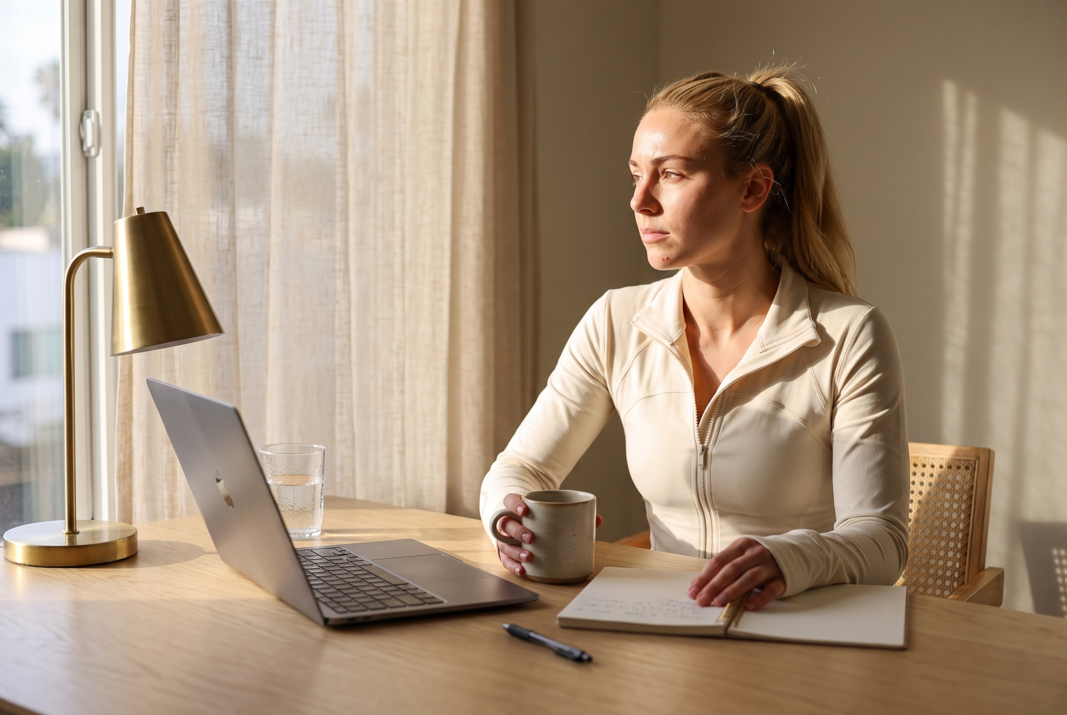 BloomActiva contact - woman in cream zip jacket at a sunlit table