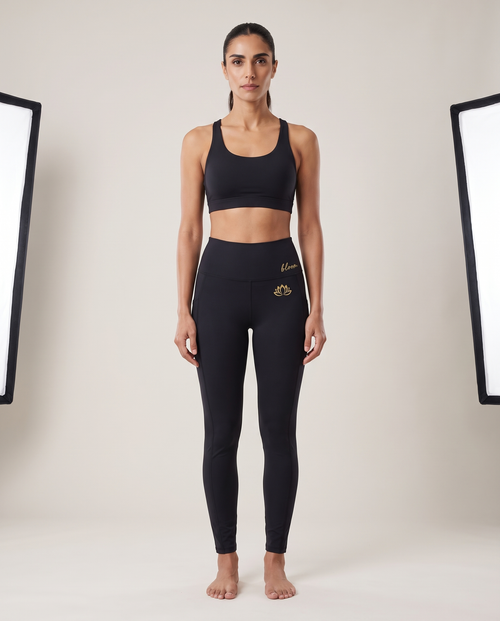Model wearing Logo Bloom yoga pants, studio shot