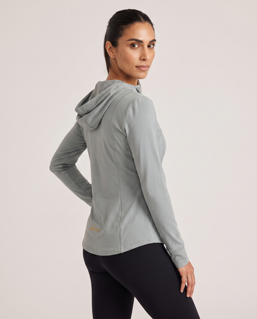 Model wearing garment, side pose