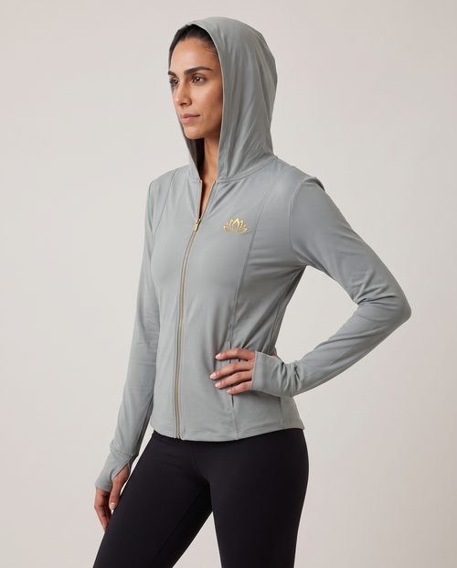 Model wearing garment, side pose