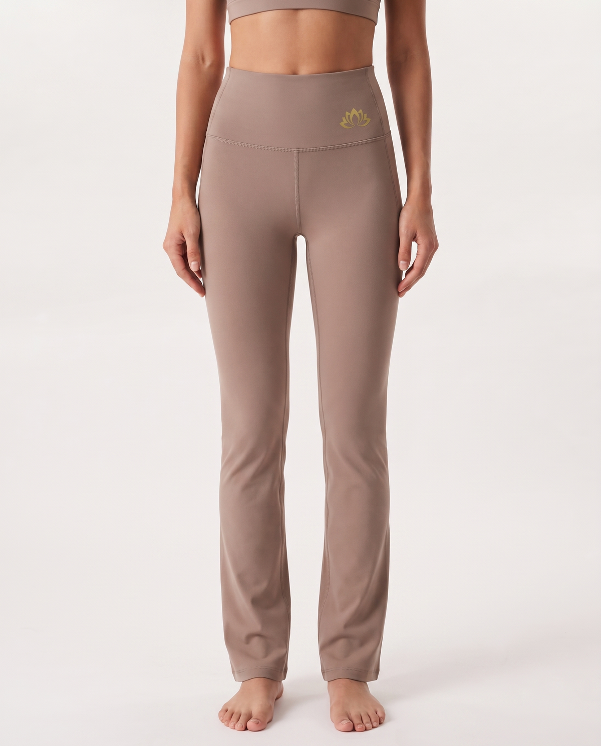 Bloom Flared Leggings in coffee with gold lotus emblem