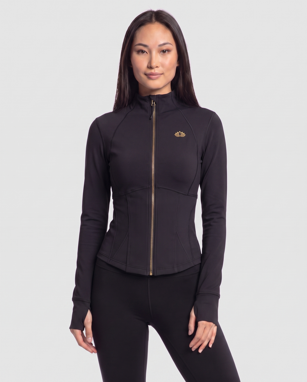 Bloom Ribbed Zip Jacket in black with gold zip